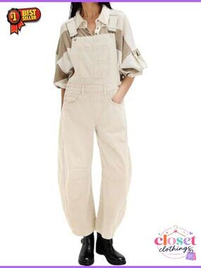 Womens Denim Bib Overalls Baggy Barrel Jeans Adjustable Strap Patchwork Jumpsuit
